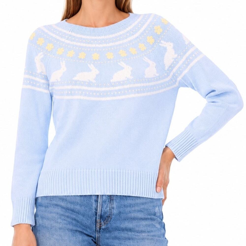 Vince Camuto Bunny Rabbit Fair Isle Sweater Womens XL Blue 100% Cotton Knit